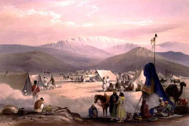 Lejren ved Dadur, med indgangen til Bolan-passet, fra "Sketches in Afghaunistan", graveret af Charles Haghe (1810-88) og Louis Haghe (1806-85), udgivet af Henry Graves