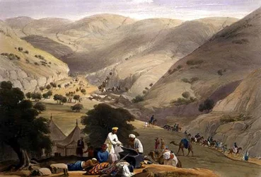 Den tredje nedstigning af Koojah-passet, fra "Sketches in Afghaunistan", graveret af Charles Haghe (1810-88) og Louis Haghe (1806-85), udgivet af Henry Graves