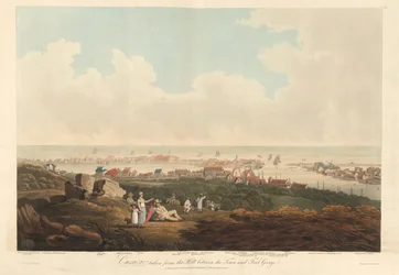 Curaçao, fra Two Views of Curaçao taget fra bakken mellem byen og Fort George, indgraveret af Thomas Hall