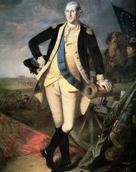 General George Washington (1732-99) ved Yorktown, Virginia (farvelitografi)