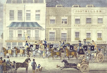 West Country Mail på Gloucester Coffee House, Piccadilly, indgraveret af C. Rosenberg (farvet litho)