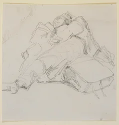 En mand sovende på en bunke bagage, 1858.