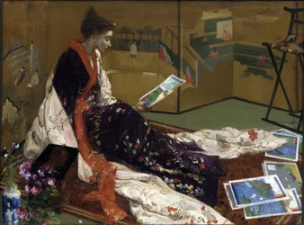 ""Caprice i lilla og guld: den gyldne skærm"" Ung kvinde klædt i japansk stil i kimono, ser på print - (japanisme) Maleri af James Abbott McNeill Whistler (1834-1903) 1864 Freer Gallery of Art, Washington USA