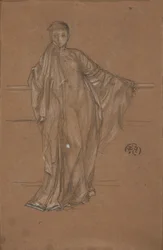 Draperet figur ved et rækværk, 1868-1870.