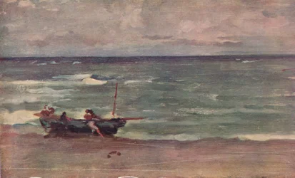 Harmony in Blue and Silver: Beaching The Boat, Etretat, c1897