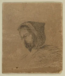 Hættet mandligt hoved fra skitser på kystundersøgelsespladen, 1854-55.