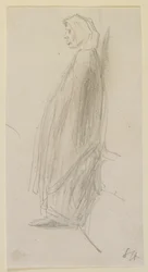 Profilskitse af en gammel kvinde stående, 1858.