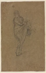 Stående kvinde holder sin kjole op, ca. 1872.
