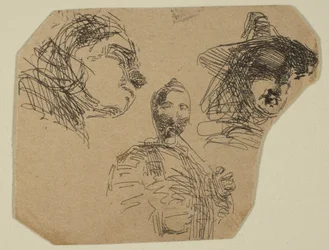 To kvindelige hoveder og stående figur fra skitser på kystundersøgelsespladen, 1854-55.
