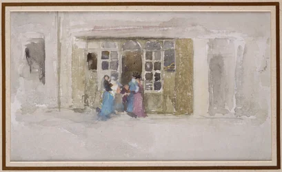 Kvinder og børn ved en butiksdør, ca. 1888