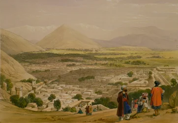 Balla Hissar og byen Caubul, fra den øverste del af citadellet, fra "Sketches in Afghaunistan", graveret af Charles Haghe (1810-88) og Louis Haghe (1806-85), udgivet af Henry Graves, 1842