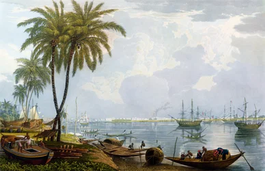En udsigt over Calcutta, fra et punkt modsat Kidderpore, 1837, indgraveret af Robert Havell den Yngre (1793-1878) (akvatint)