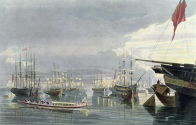 En udsigt over floden, skibsfarten og byen Calcutta, fra nær Smiths Dock, 1837, indgraveret af Robert Havell den yngre (1793-1878) (akvatinte)