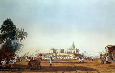 Lall Bazaar og det portugisiske kapel, Calcutta, indgraveret af Robert Havell, pub. 1824