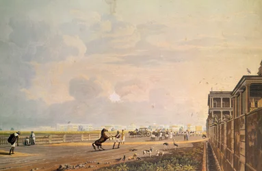 Udsigt over Esplanade Row fra Chouringhee Road, Calcutta, indgraveret af Robert Havell, pub. 1824