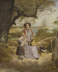 Mother and Child by a Stile, med Culver Cliff, Isle of Wight, i det fjerne, ca. 1849-50 (olie på panel)