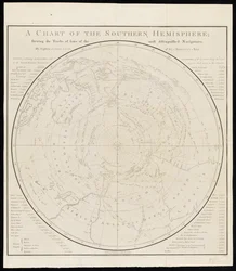 Et kort over den sydlige halvkugle, der viser sporene efter nogle af de mest fremtrædende søfarere, af kaptajn James Cook fra Hans Majestæts flåde.