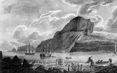 Kerguelen-øen, udsigt over Christmas Bay, tegning af William Hodges, gravering af William Watts, illustration fra Voyage against South Pole, and Round World, af James Cook (1728-1779), udgave udgivet i Paris i 1778