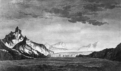 Landscape of Possession Bay på øen South Georgia, illustration fra Voyage against South Pole, and Round World, af James Cook (1728-1779), udgave udgivet i Paris i 1778