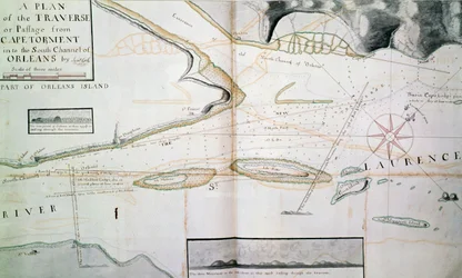 Kort over krydsninger på Saint Lawrence-floden nær Quebec, nær øen Orleans, kort tegnet af James Cook (1728-1779) mellem 1758-1763, Canada
