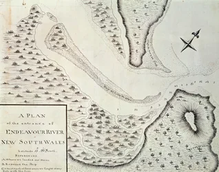 Kort over indgangen til Endeavour River, kort fra beretningen om den første tur ledet af James Cook (1728-1779) mellem 1768 og 1771, Australien