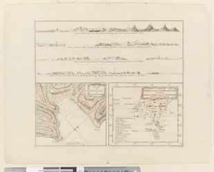 ii. (a) Fire profiler af kysten ved Terra del Fuego (b) En plan over Success Bay i Strait le Maire (c) Et kort over S.E. del af Terra del Fuego, graveret af T. Borven og J. Gibson