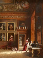 En romantisk udsigt over Kongens Store Sengekammer med en gruppe mennesker i kostume fra det 17. århundrede, ca. 1703-05 (olie på lærred)