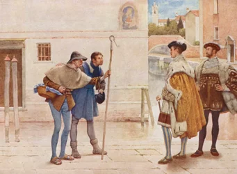 Shakespeares Købmanden i Venedig: Bassanio, Lorenzo, Old Gobbo og Launcelot Gobbo (farvelitografi)