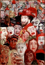 Self-Portrait Surrounding Masks Maleri af James Ensor (1860-1949) 1899 Dim. 120x180 cm Privat samling