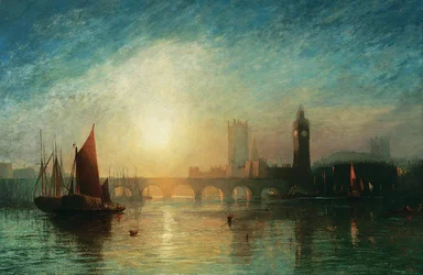 Udsigt over Westminster Bridge og Houses of Parliament, med hø pram og anden skibsfart i forgrunden, 1869