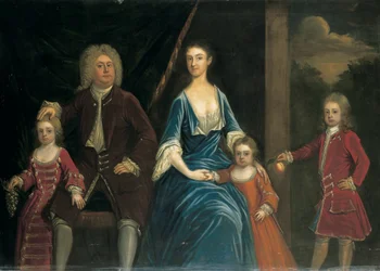 Gruppeportræt af Henry, 5. Lord Arundell af Wardour og hans kone Elizabeth, sammen med deres børn, i et interiør, et landskab hinsides