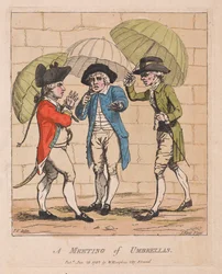 Et møde mellem paraplyer, pub. 1782 (håndkoloreret gravering)