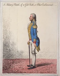 A Military Sketch of a Gilt Stick, or a Poker Emblazoned, udgivet af Hannah Humphrey i 1800 (håndkoloreret radering)