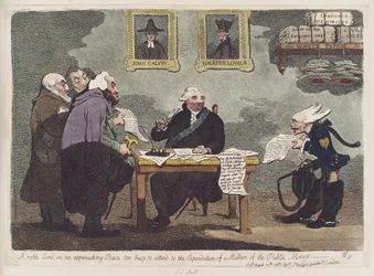 En nobel lord om en forestående fred, der har for travlt til at tage sig af udgifterne til en million af de offentlige penge af James Gillray