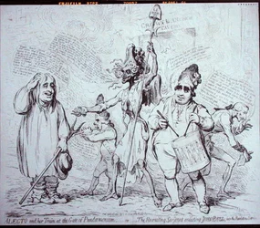 Alecto og hendes Train at the Gate of Pandemonium, eller The Recruiting Serjeant, der hverver John Bull til Revolution Service, udgivet af S.W. Fores i 1791 (ætsning)