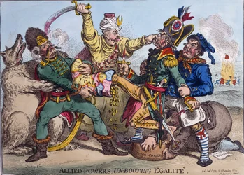 Allied Powers Un-Booting Egalite, udgivet af Hannah Humphrey i 1799 (håndfarvet radering)