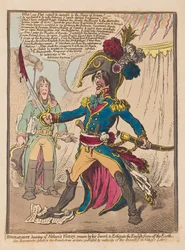 Bonaparte, der hører om Nelsons Victory, sværger ved sit sværd for at udrydde englænderne fra jorden, pub. 1798 (håndkoloreret gravering)