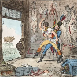 Boney og Talley, The Corsican Carcase-Butchers Reckoning Day - No Quarter Day!, pb. 1803 (håndfarvet gravering)