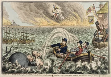 Britiske tjærer, der slæber den danske flåde ind i havnen, eller The Broadbottom Leviathan, der forsøger at oversvømme Billys gamle båd, og den lille korsikaner, der vakler på ambitionernes skyer, 1807 (håndfarvet radering