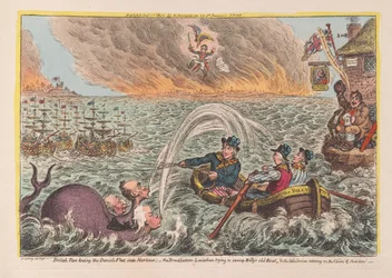 Britiske tjærer, der slæber den danske flåde ind i havnen: Leviathan med bred bund, der forsøger at oversvømme Billys gamle båd, og den lille korsikaner, der vakler på ambitionernes skyer, pub. 1807 (håndfarvet engra