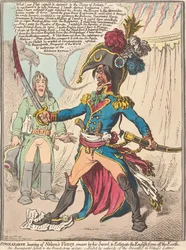 Buonaparte, der hører om Nelsons sejr, sværger ved sit sværd at udslette englænderne fra jordens overflade (fra: Karikatur, bd. 1)