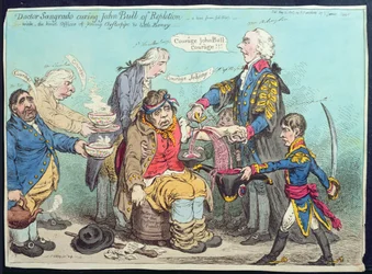Dr. Sangrado helbreder John Bull for afkræftelse, udgivet af Hannah Humphrey i 1803 (håndkoloreret radering)