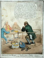 Effusions of the Heart, or Lying Jack the Blacksmith at Confession, udgivet af Hannah Humphrey i 1795 for Philanthropic Society (håndfarvet radering)