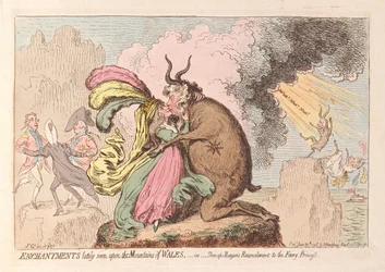 Fortryllelser for nylig set på bjergene i Wales eller Shon-ap Morgans Reconcilement to the Fairy Princess, pub. 1796 (håndfarvet gravering)
