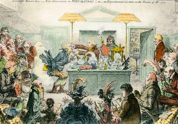 Engelsk satire om videnskab: nye opdagelser i pneumatiske materialer. Satirisk tegning på entusiasmen for videnskabelige konferencer i det 19. århundrede. Gravering af James Gillray (1757-1815)