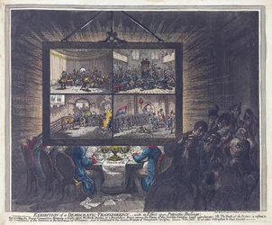 Udstilling af en demokratisk gennemsigtighed, med dens virkning på patriotiske følelser, pub. 1799 (håndfarvet gravering)