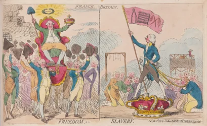 Frankrig Frihed, Storbritannien Slaveri, pub. 1789 (håndfarvet gravering)