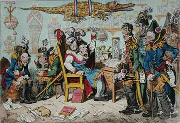 Franske generaler, der går på pension på grund af deres helbred med Lepaux som formand i Directorial Dispensary, udgivet af Hannah Humphrey i 1799 (håndfarvet radering)