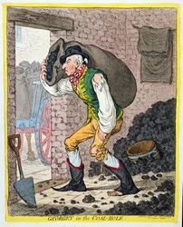 Georgey in the Coal-Hole, udgivet af Hannah Humphrey i 1801 (håndfarvet radering)