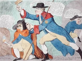 Guy Vaux opdaget i forsøget på at ødelægge kongen og overhuset, udgivet af Hannah Humphrey i 1791 (håndfarvet radering)